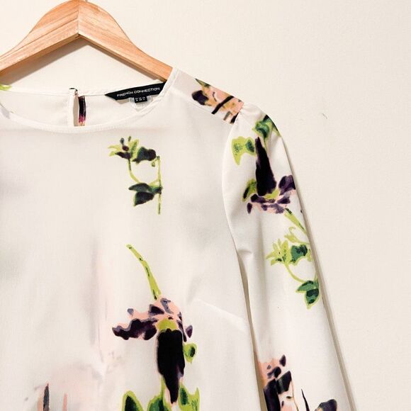 French Connection White Pink Purple Green Floral Watercolor Quarter Sleeve Top - Picture 2 of 7